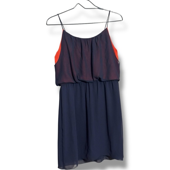 Sweet Storm Sheer Navy Blue Over Orange Gathered Waist Sleeveless Mini Sundress - Picture 13 of 14